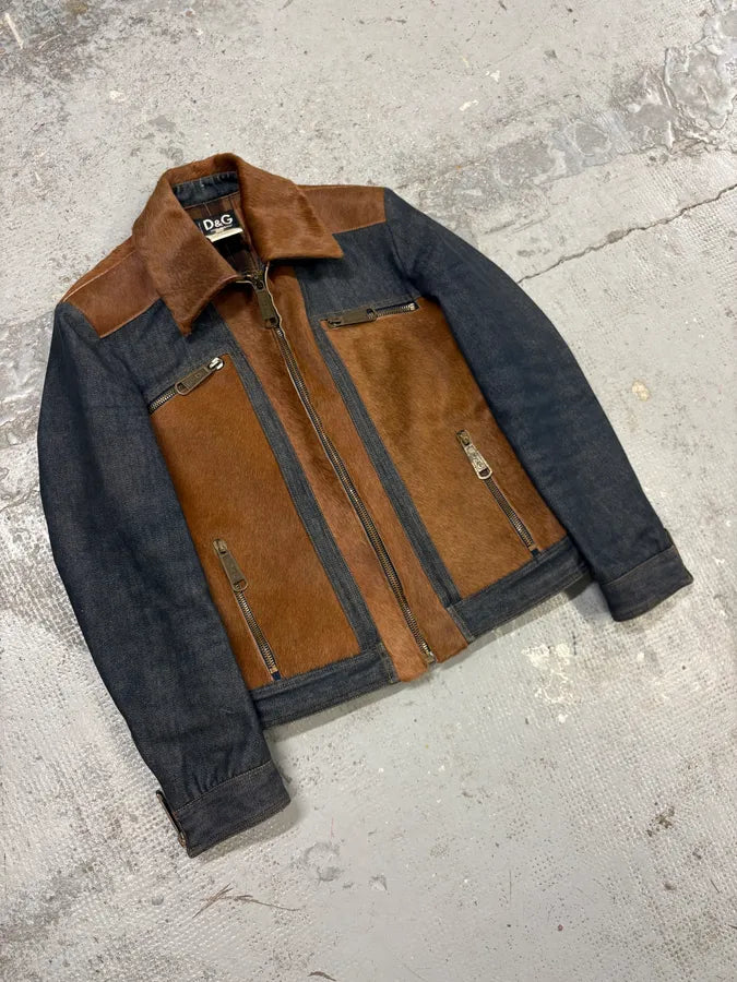 FW2005 Dolce & Gabbana Brown Pony Hair Blue Denim Jacket auoYJEk 3