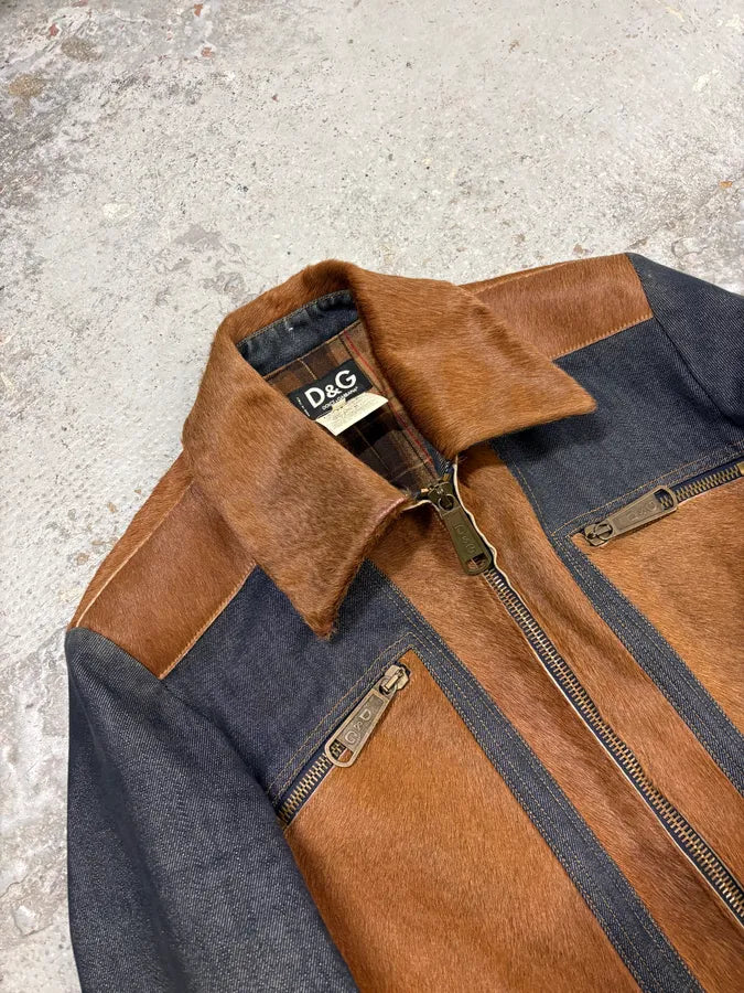 FW2005 Dolce & Gabbana Brown Pony Hair Blue Denim Jacket auoYJEk 4