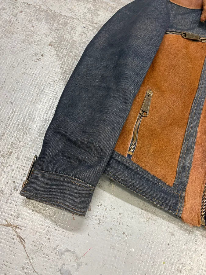 FW2005 Dolce & Gabbana Brown Pony Hair Blue Denim Jacket auoYJEk 7