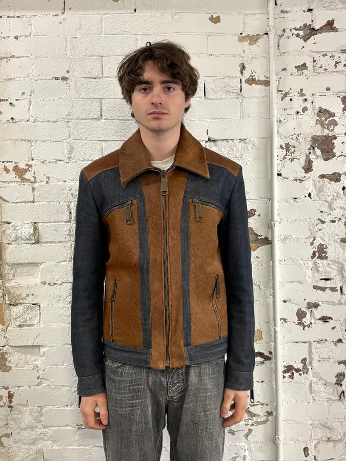 FW2005 Dolce & Gabbana Brown Pony Hair Blue Denim Jacket auoYJEk 1