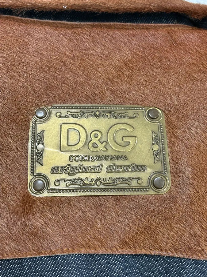 FW2005 Dolce & Gabbana Brown Pony Hair Blue Denim Jacket auoYJEk 9