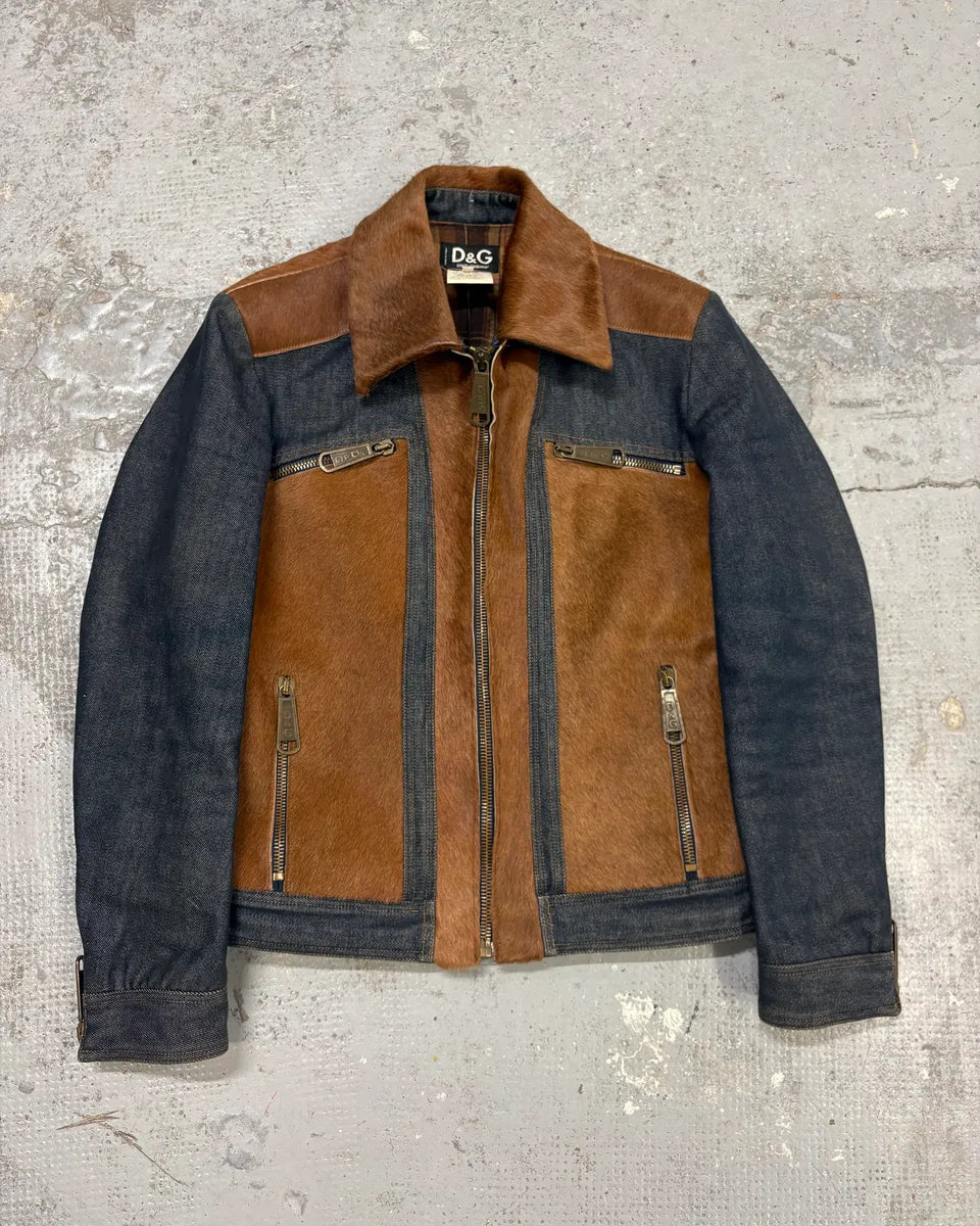 FW2005 Dolce & Gabbana Brown Pony Hair Blue Denim Jacket auoYJEk 0
