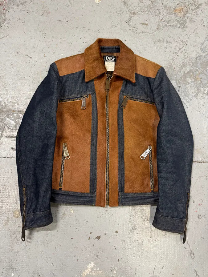 FW2005 Dolce & Gabbana Brown Pony Hair Blue Denim Jacket PhLQYhw 0