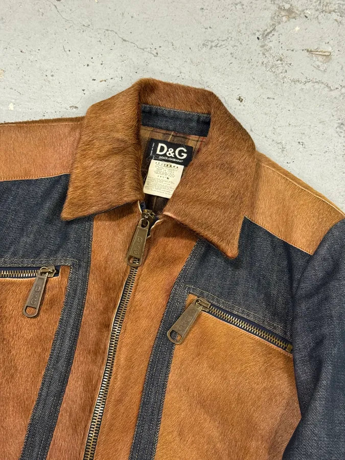 FW2005 Dolce & Gabbana Brown Pony Hair Blue Denim Jacket PhLQYhw 1