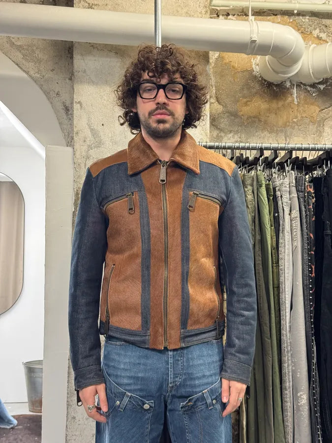FW2005 Dolce & Gabbana Brown Pony Hair Blue Denim Jacket PhLQYhw 2