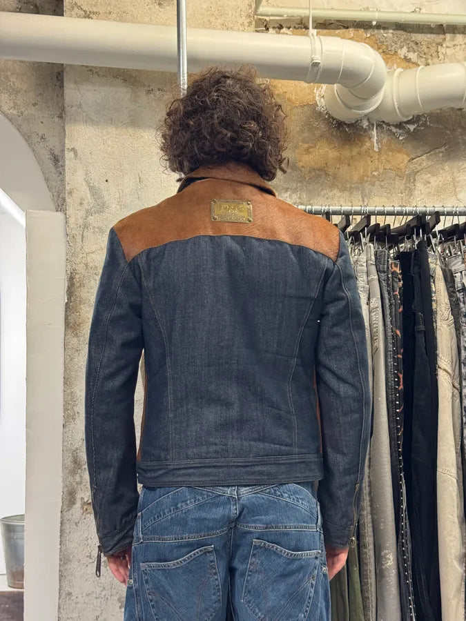 FW2005 Dolce & Gabbana Brown Pony Hair Blue Denim Jacket PhLQYhw 3