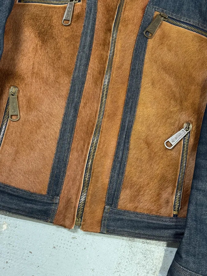 FW2005 Dolce & Gabbana Brown Pony Hair Blue Denim Jacket PhLQYhw 4