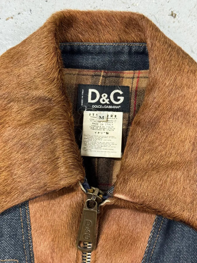 FW2005 Dolce & Gabbana Brown Pony Hair Blue Denim Jacket PhLQYhw 5