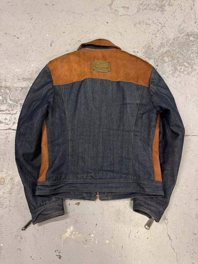 FW2005 Dolce & Gabbana Brown Pony Hair Blue Denim Jacket PhLQYhw 6