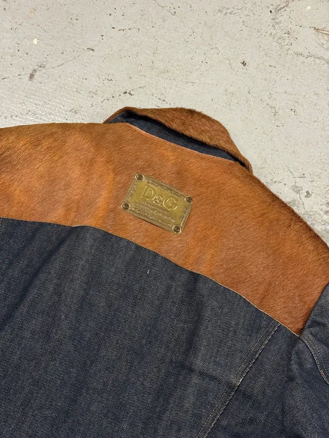 FW2005 Dolce & Gabbana Brown Pony Hair Blue Denim Jacket PhLQYhw 7