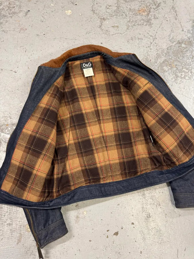 FW2005 Dolce & Gabbana Brown Pony Hair Blue Denim Jacket PhLQYhw 9