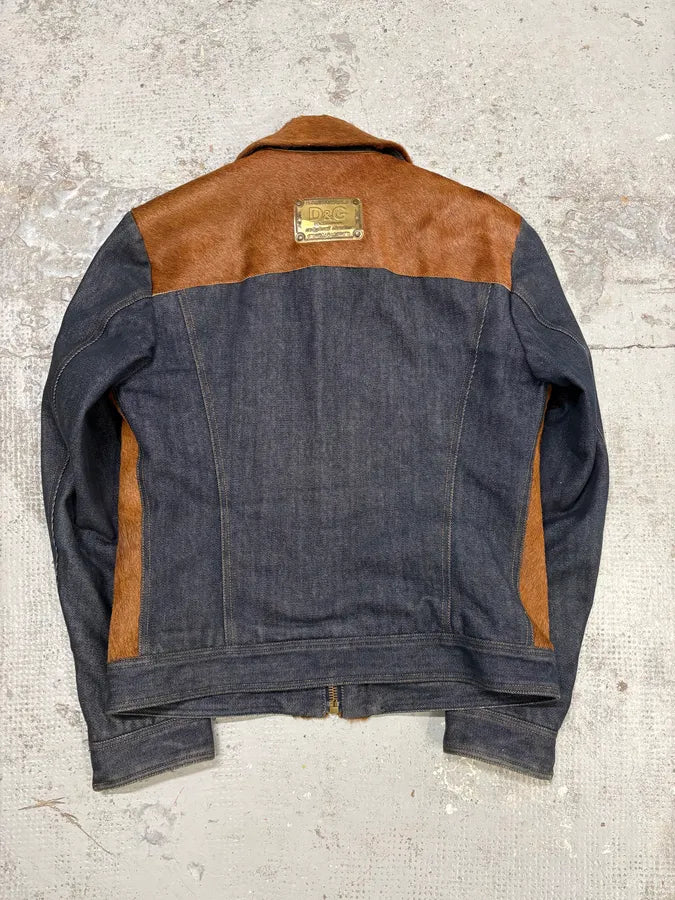 FW2005 Dolce & Gabbana Brown Pony Hair Blue Denim Jacket auoYJEk 5