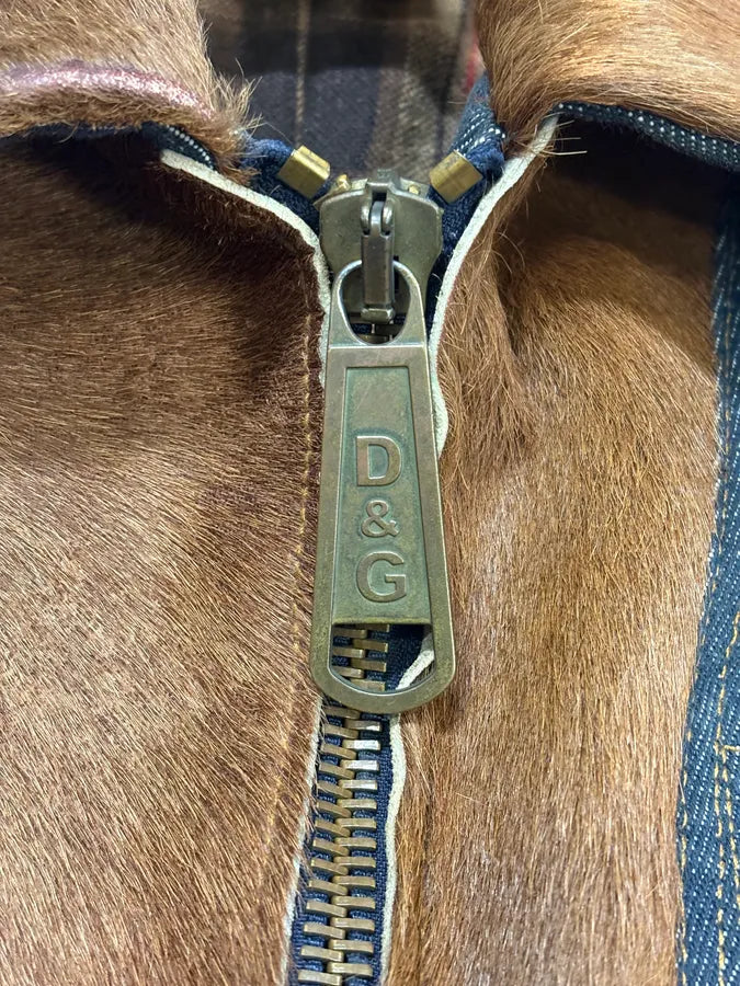 FW2005 Dolce & Gabbana Brown Pony Hair Blue Denim Jacket auoYJEk 8