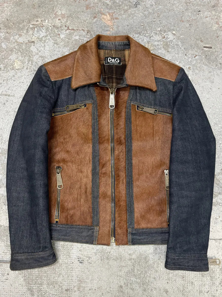 FW2005 Dolce & Gabbana Brown Pony Hair Denim Jacket (M) fmtHpHf 0