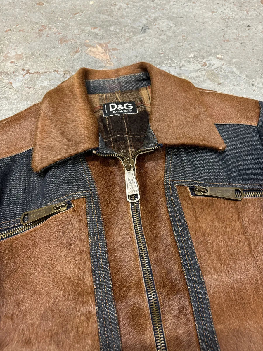 FW2005 Dolce & Gabbana Brown Pony Hair Denim Jacket (M) fmtHpHf 10