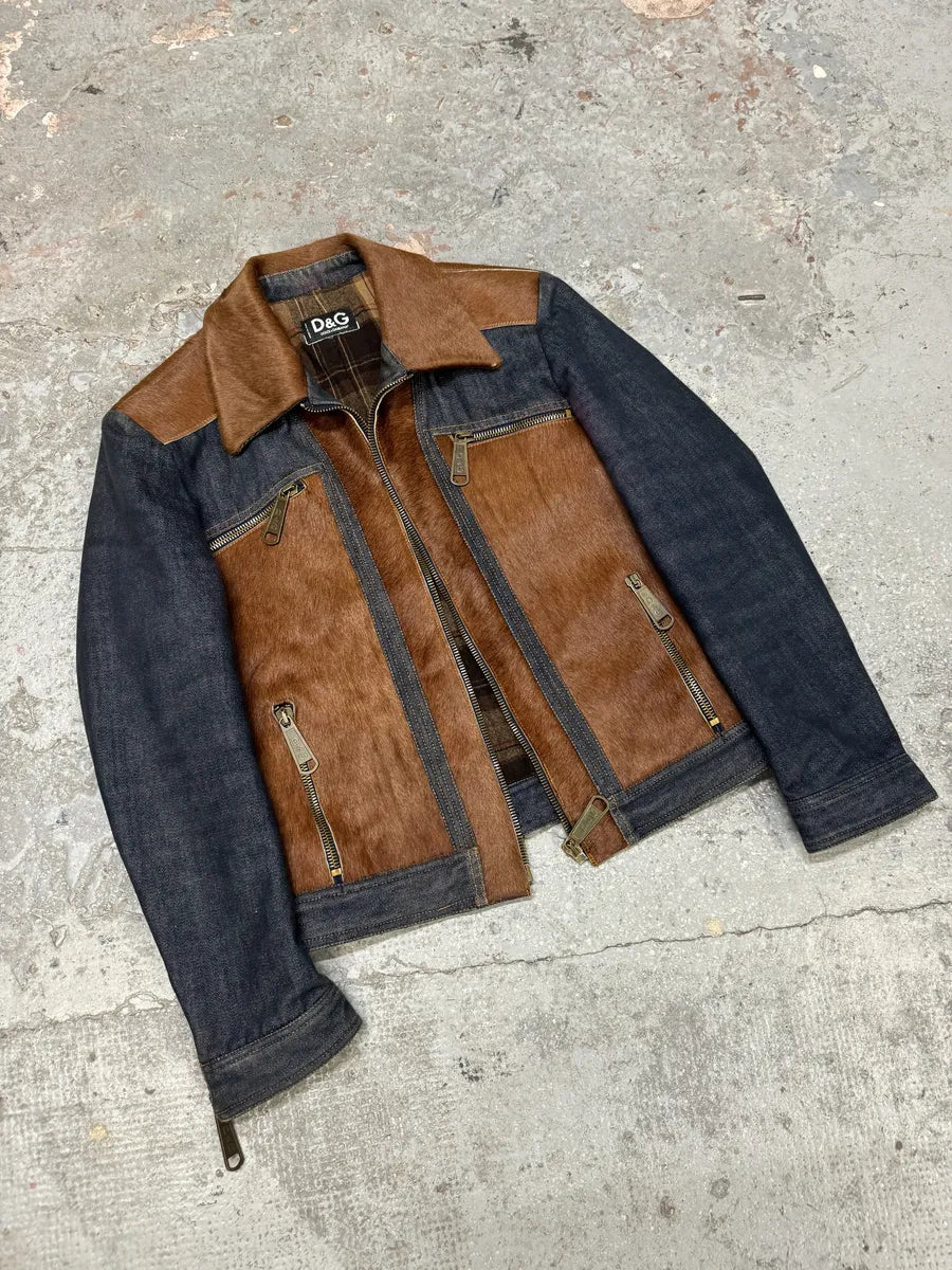 FW2005 Dolce & Gabbana Brown Pony Hair Denim Jacket (M) fmtHpHf 4