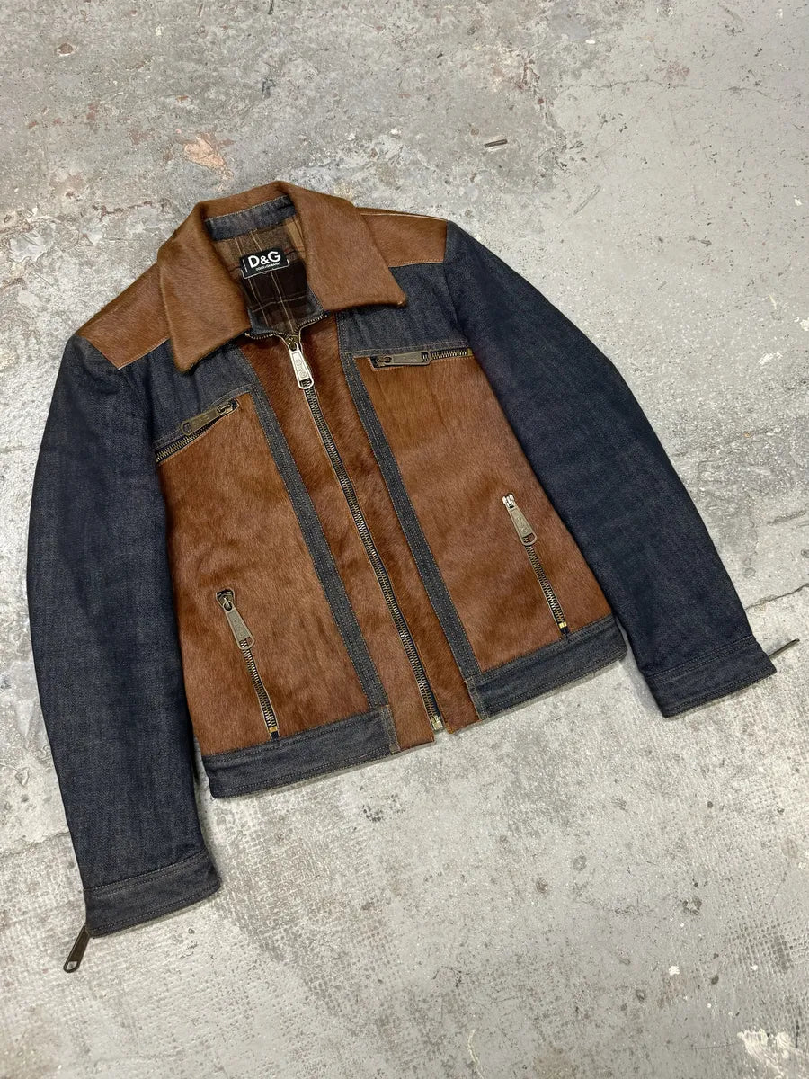FW2005 Dolce & Gabbana Brown Pony Hair Denim Jacket (M) fmtHpHf 9
