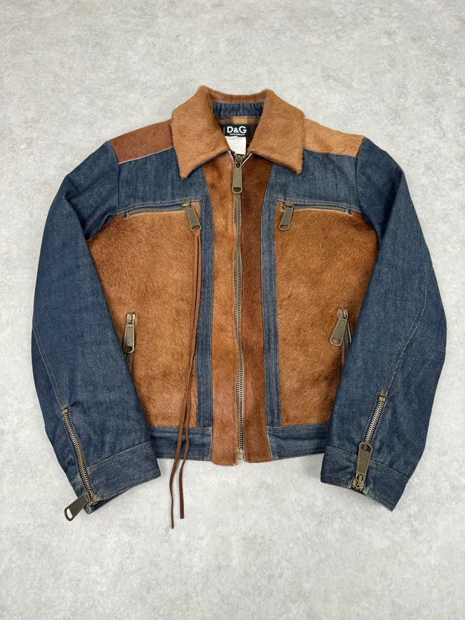 FW2005 Dolce & Gabbana Brown Pony Hair Hybrid Denim Jacket CDEpsvw 0