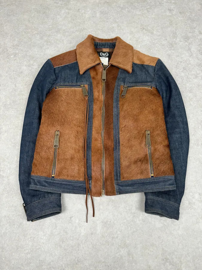FW2005 Dolce & Gabbana Brown Pony Hair Hybrid Denim Jacket CDEpsvw 3
