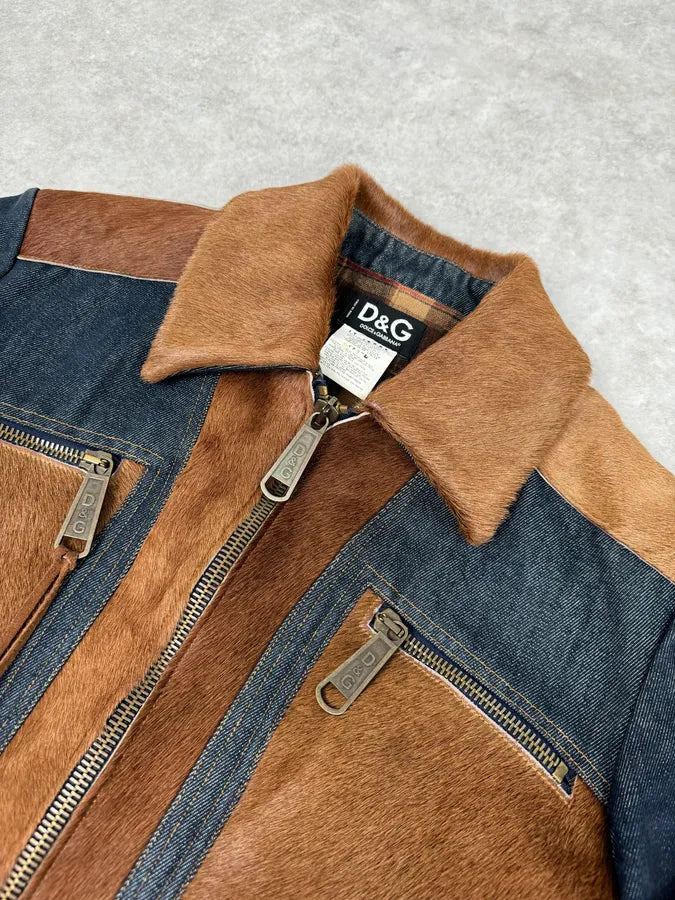 FW2005 Dolce & Gabbana Brown Pony Hair Hybrid Denim Jacket CDEpsvw 4