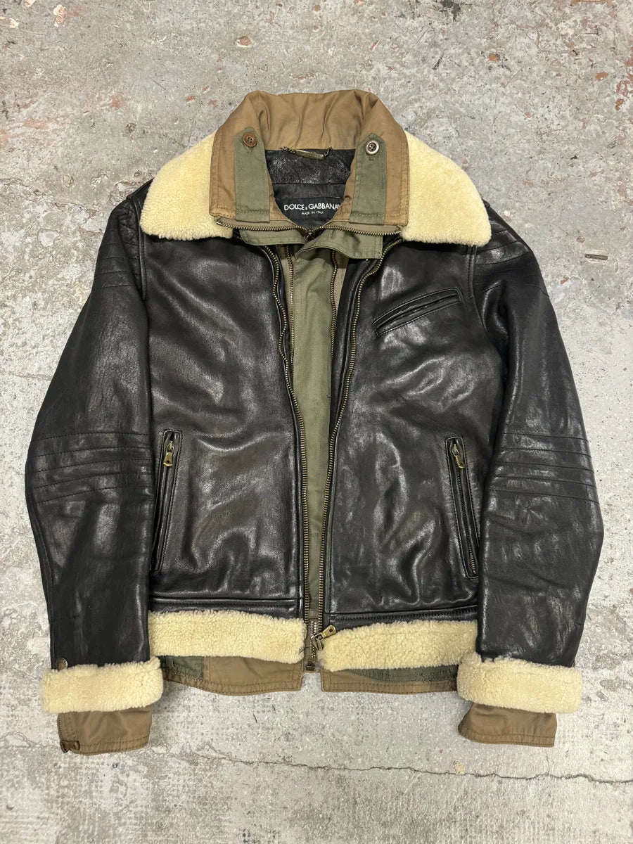 FW2005 Dolce & Gabbana Heavy Shearling Army Combat Leather Jacket vvLgJbS 0
