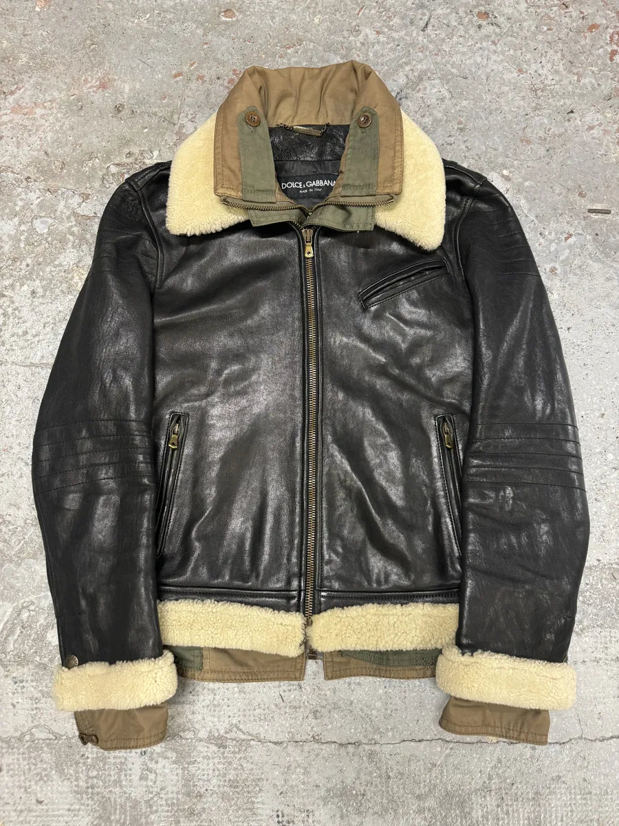 FW2005 Dolce & Gabbana Heavy Shearling Army Combat Leather Jacket vvLgJbS 2