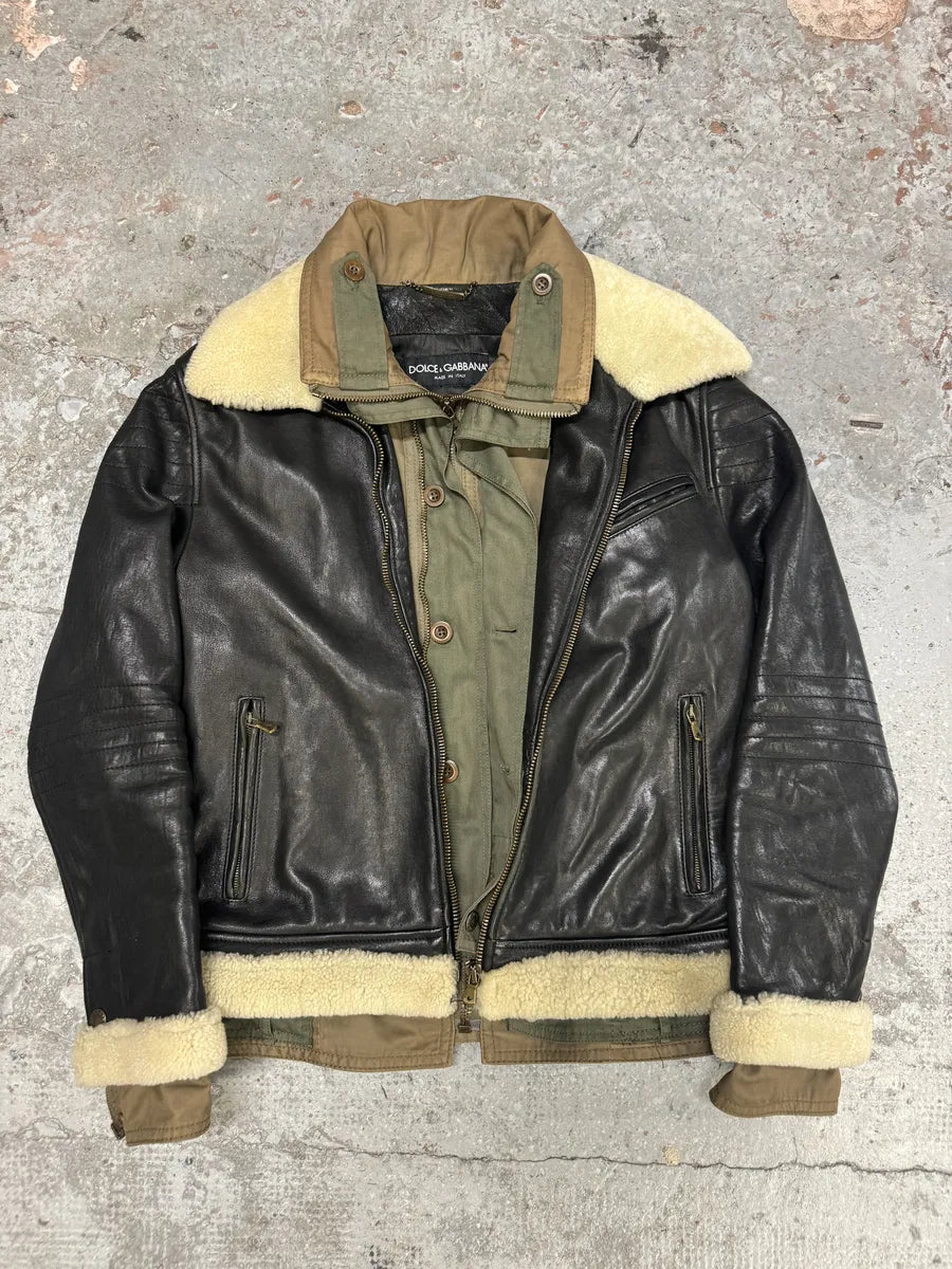 FW2005 Dolce & Gabbana Heavy Shearling Army Combat Leather Jacket vvLgJbS 7