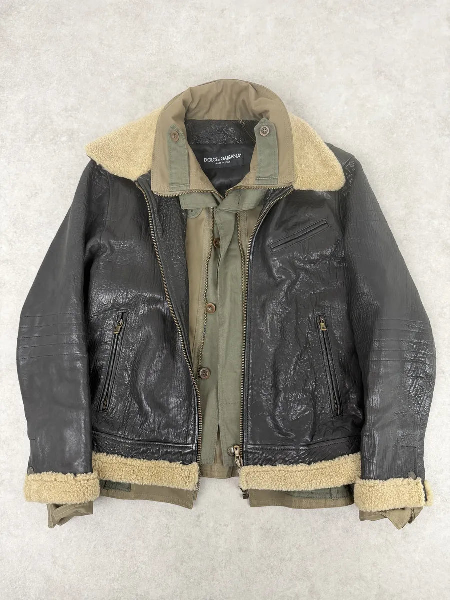 FW2005 Dolce & Gabbana Heavy Shearling Army Combat Leather Jacket xZIdgAq 0