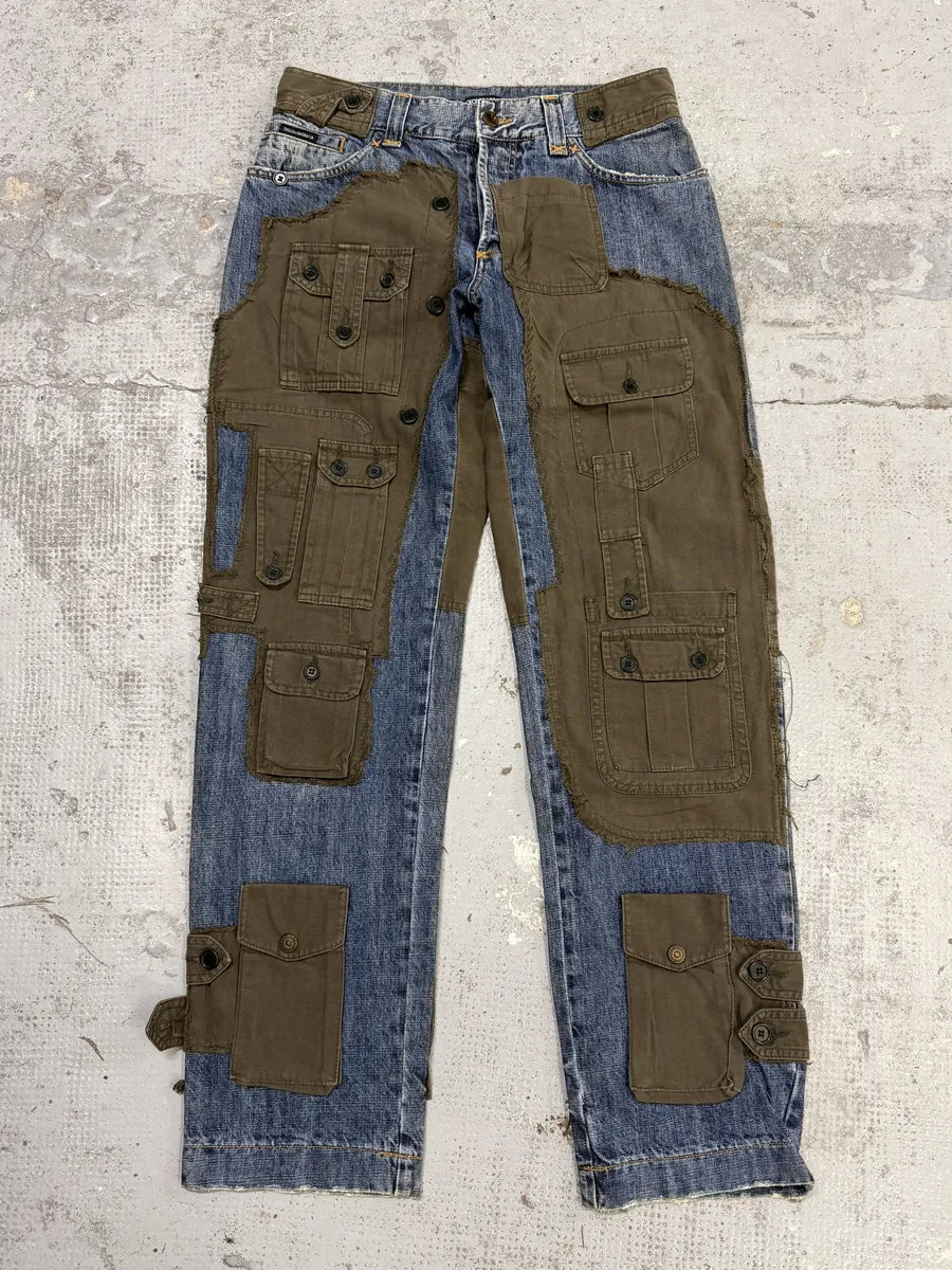 FW2005 Dolce & Gabbana Hybrid Khaki Multi-Pocket Cargo Denim Pants aPiCnyr 0