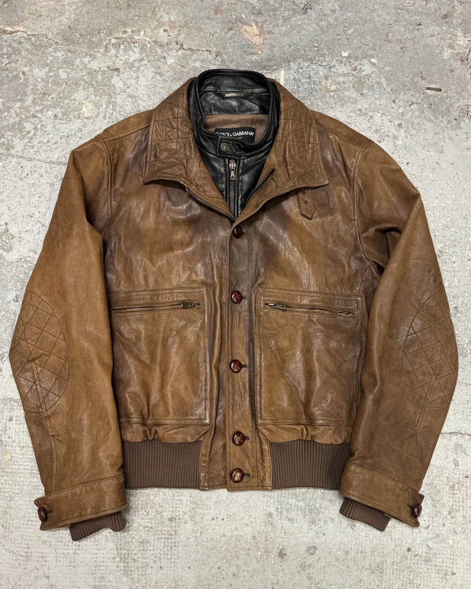 FW2005 Dolce & Gabbana Military Double Leather Heavy Jacket (L) 0