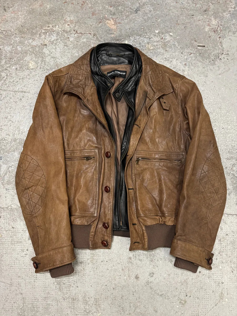 FW2005 Dolce & Gabbana Military Double Leather Heavy Jacket (L) 11