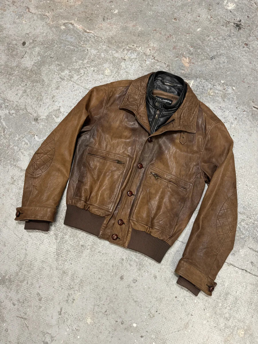 FW2005 Dolce & Gabbana Military Double Leather Heavy Jacket (L) 12