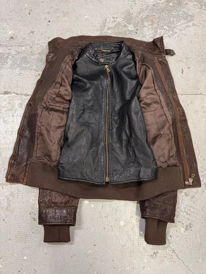 FW2005 Dolce & Gabbana Military Double Leather Heavy Jacket (S) 2