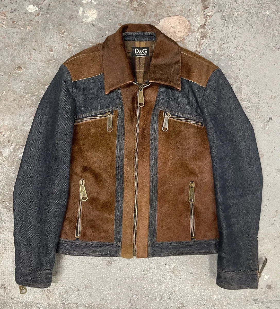 FW2005 Dolce & Gabbana Pony Hair Brown Denim Structured Biker Jacket (L) 0