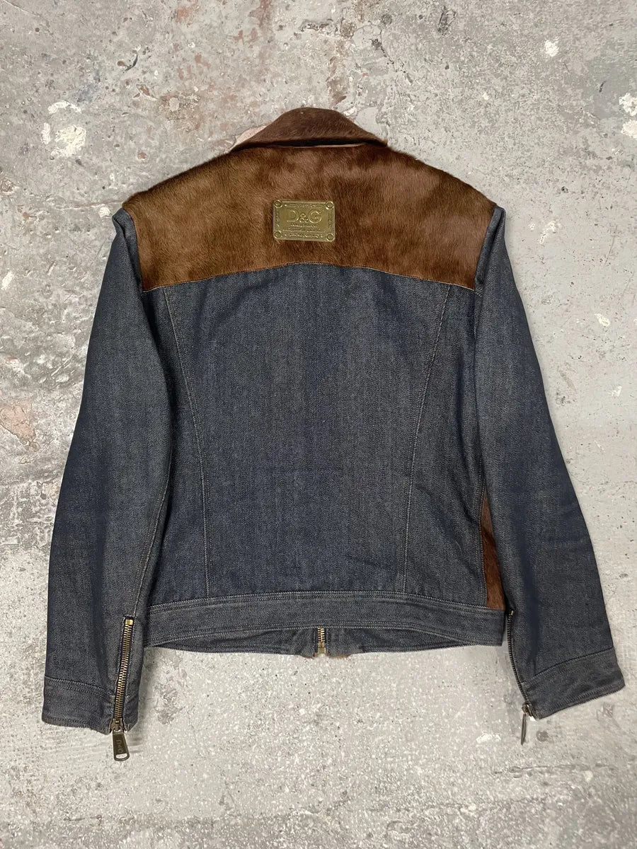 FW2005 Dolce & Gabbana Pony Hair Brown Denim Structured Biker Jacket (L) 1