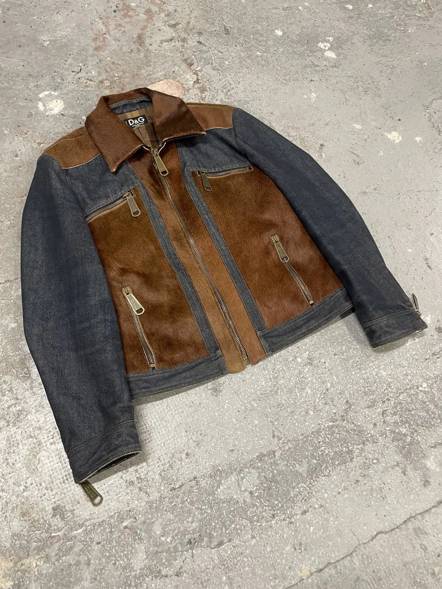 FW2005 Dolce & Gabbana Pony Hair Brown Denim Structured Biker Jacket (L) 2