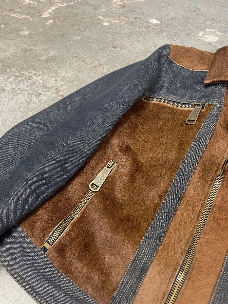 FW2005 Dolce & Gabbana Pony Hair Brown Denim Structured Biker Jacket (L) 4