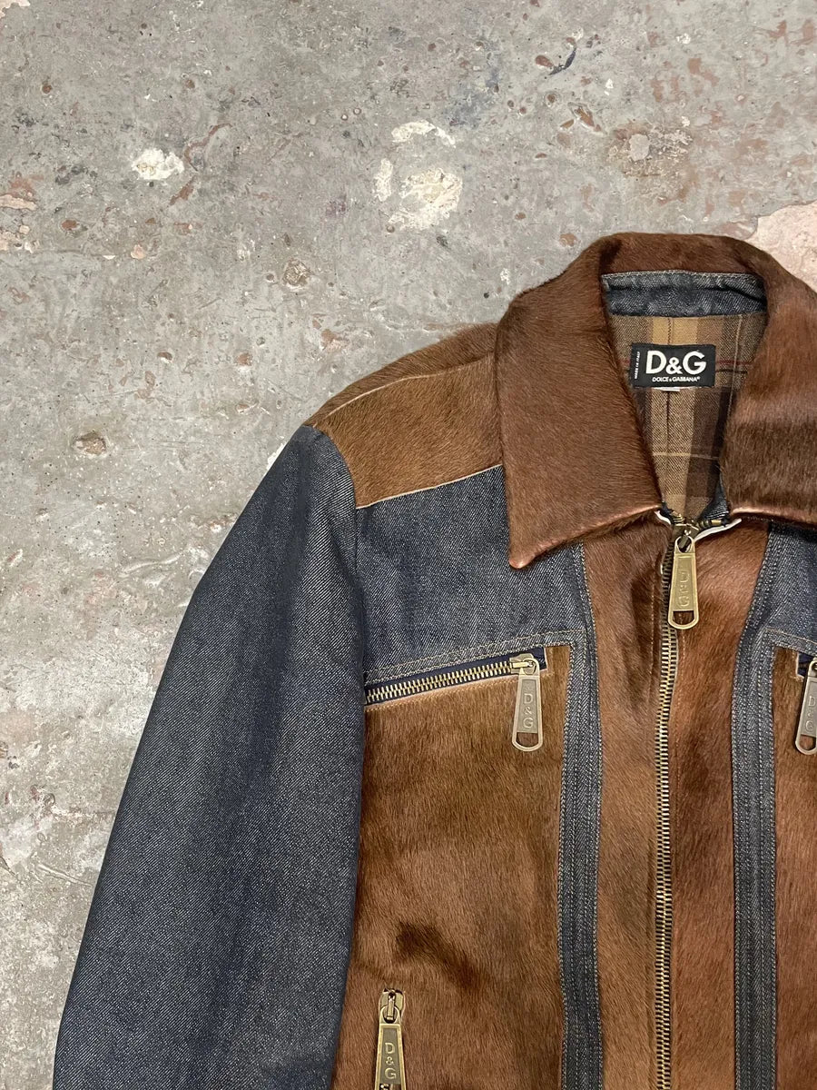 FW2005 Dolce & Gabbana Pony Hair Brown Denim Structured Biker Jacket (L) 6