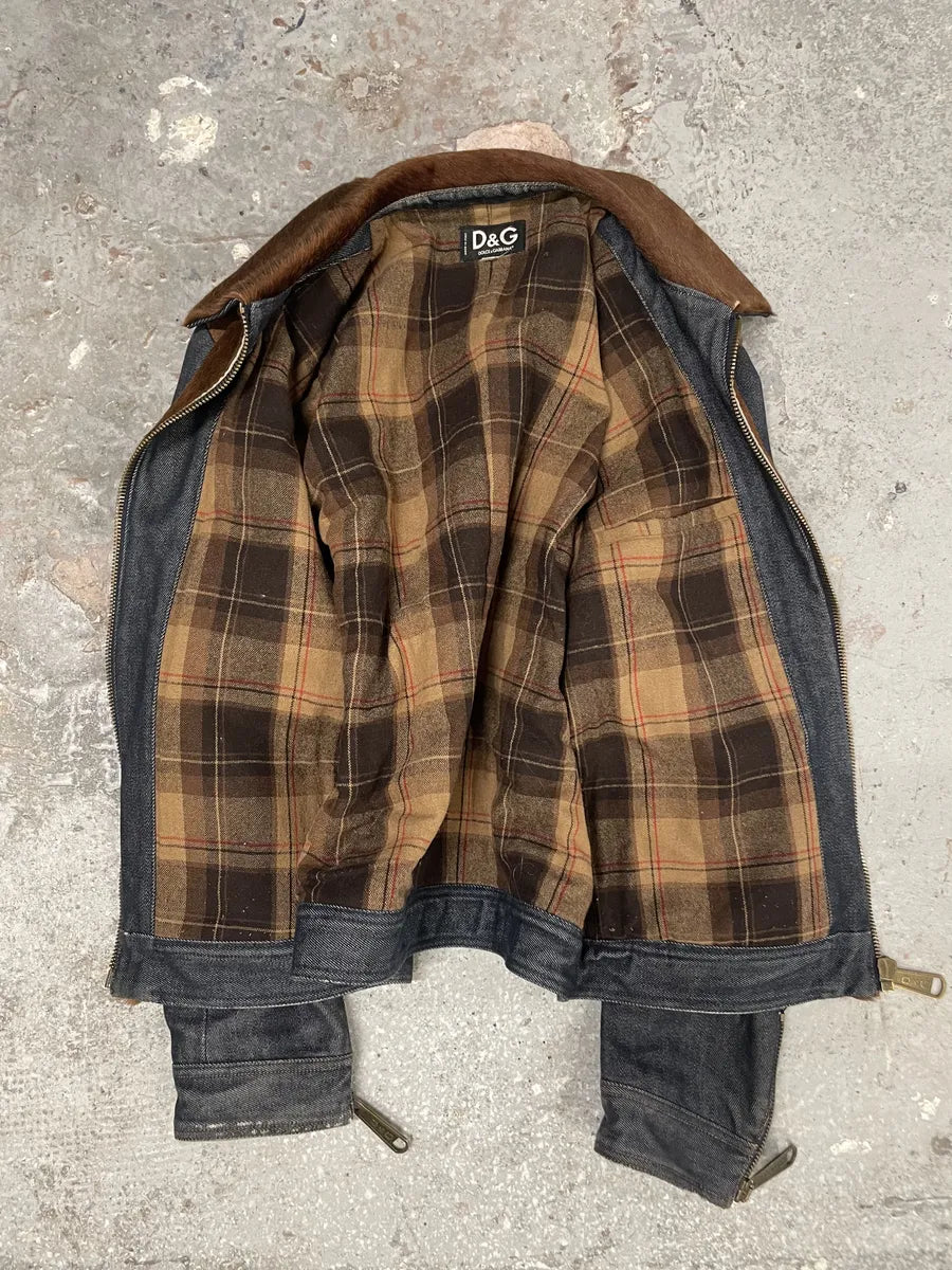 FW2005 Dolce & Gabbana Pony Hair Brown Denim Structured Biker Jacket (L) 8