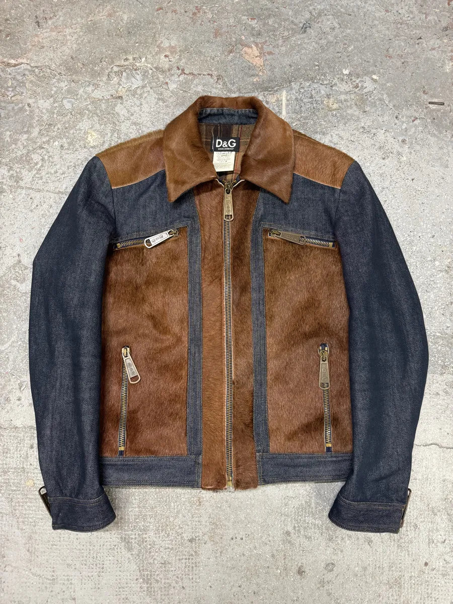 FW2005 Dolce & Gabbana Pony Hair Brown Denim Structured Biker Jacket (M) 0