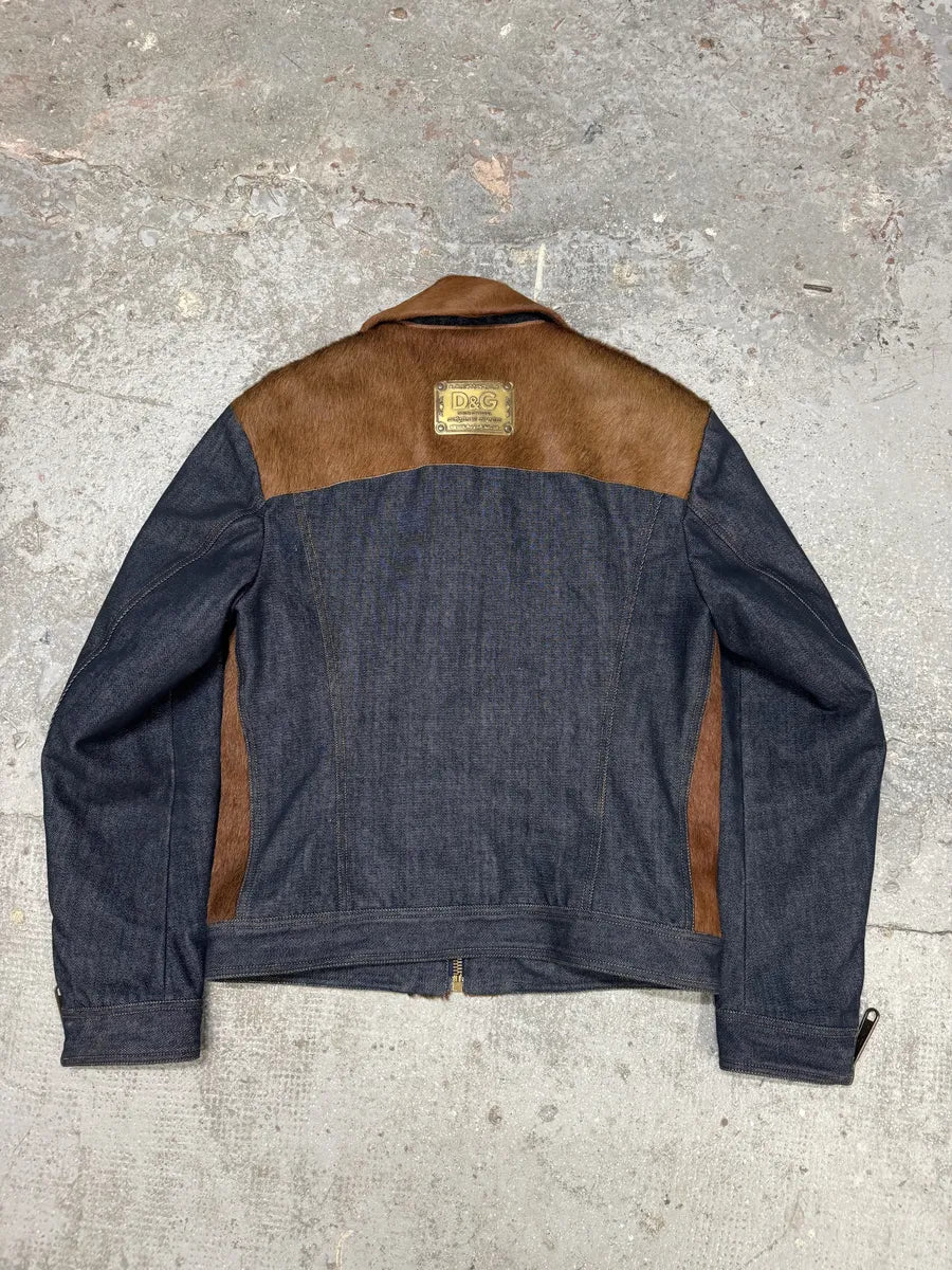 FW2005 Dolce & Gabbana Pony Hair Brown Denim Structured Biker Jacket (M) 1