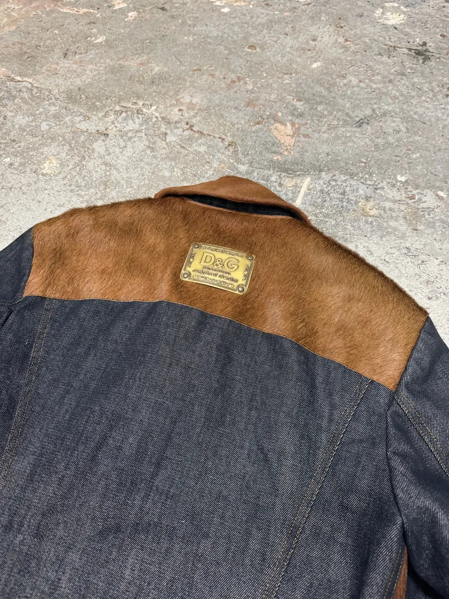 FW2005 Dolce & Gabbana Pony Hair Brown Denim Structured Biker Jacket (M) 12