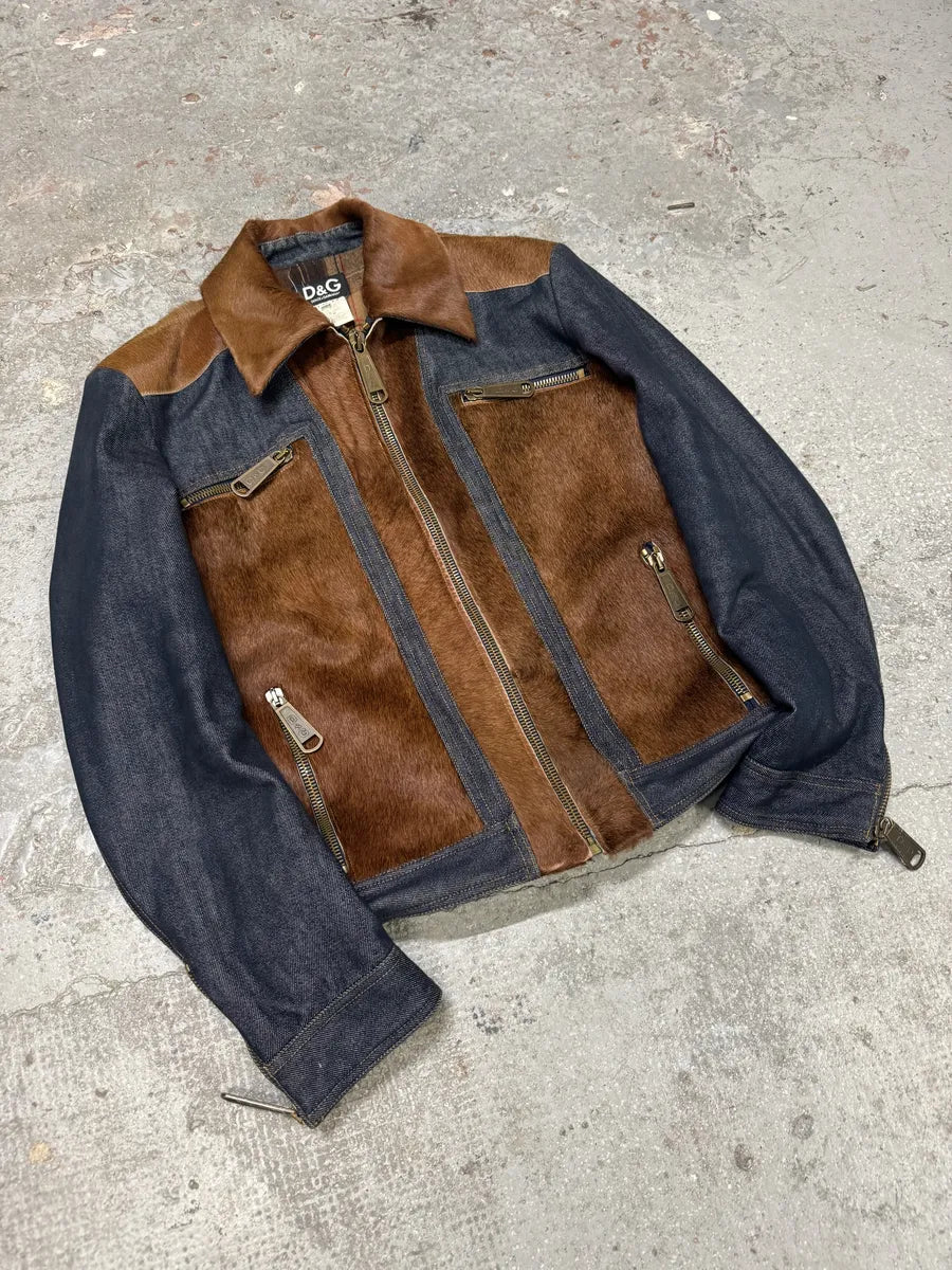 FW2005 Dolce & Gabbana Pony Hair Brown Denim Structured Biker Jacket (M) 2