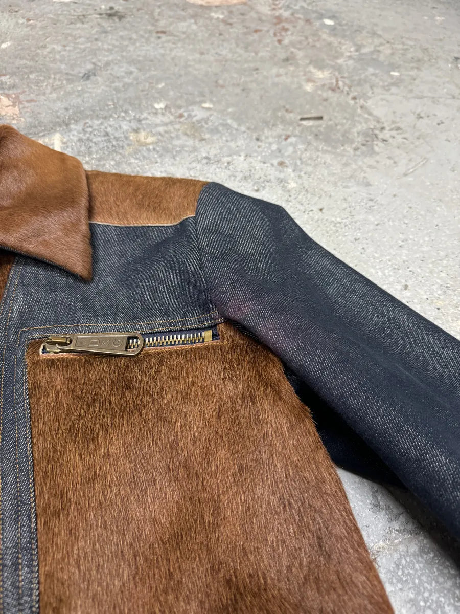 FW2005 Dolce & Gabbana Pony Hair Brown Denim Structured Biker Jacket (M) 3