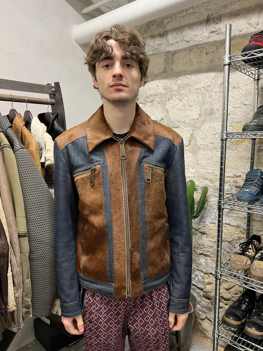 FW2005 Dolce & Gabbana Pony Hair Brown Denim Structured Biker Jacket (M) 4