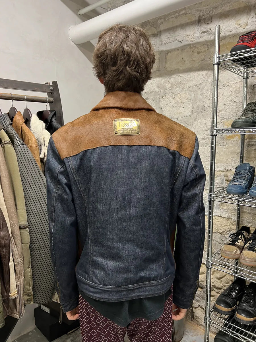 FW2005 Dolce & Gabbana Pony Hair Brown Denim Structured Biker Jacket (M) 5