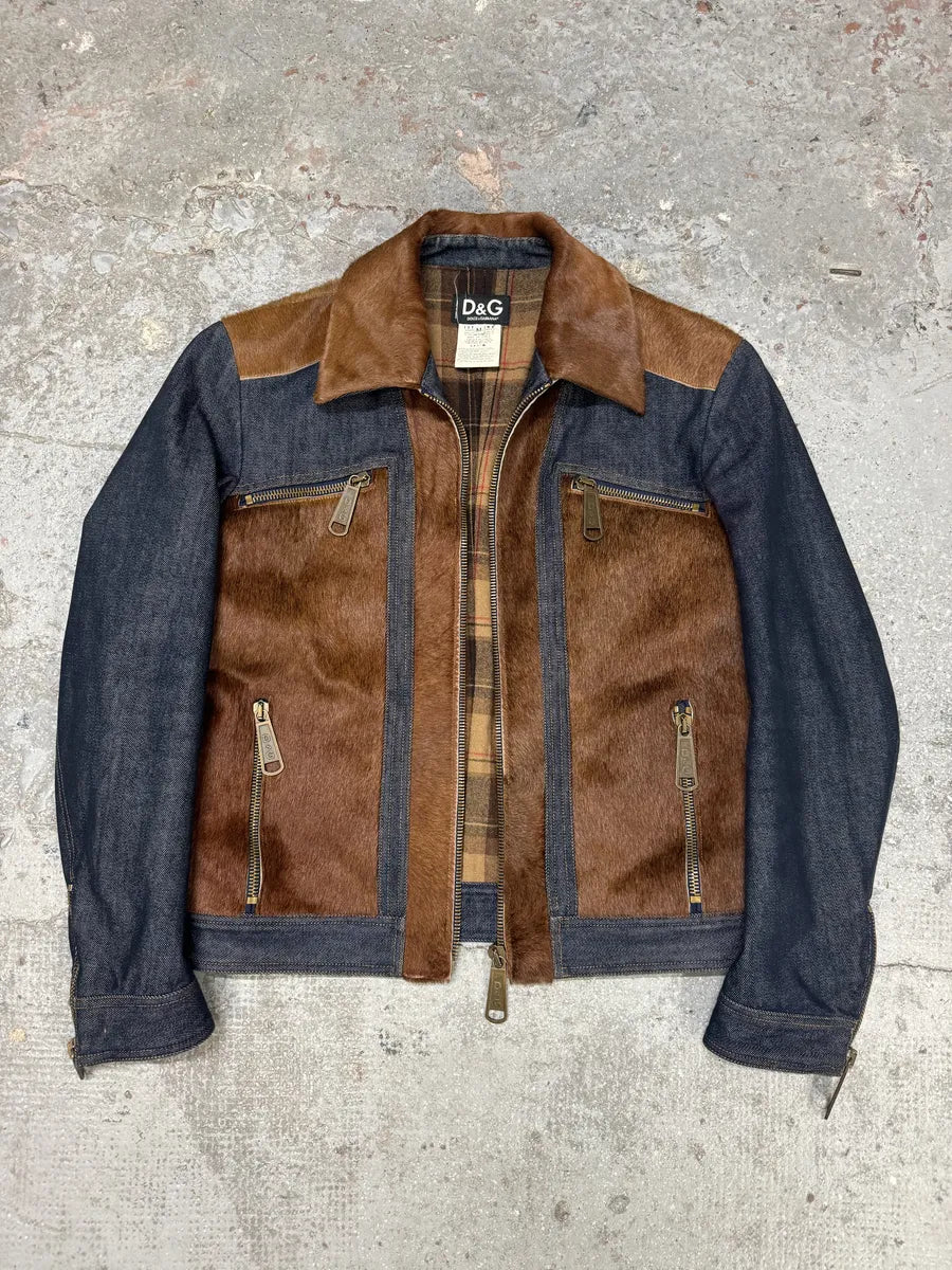 FW2005 Dolce & Gabbana Pony Hair Brown Denim Structured Biker Jacket (M) 7