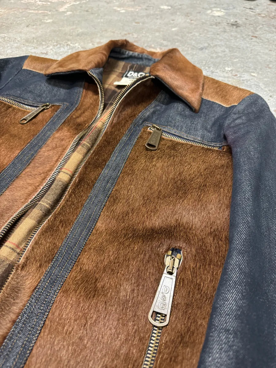 FW2005 Dolce & Gabbana Pony Hair Brown Denim Structured Biker Jacket (M) 8