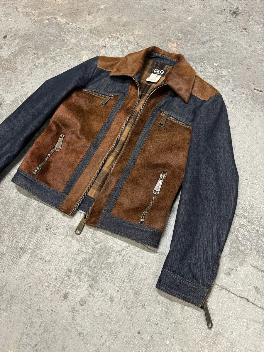 FW2005 Dolce & Gabbana Pony Hair Brown Denim Structured Biker Jacket (M) 9