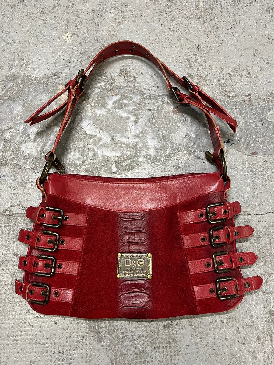 FW2005 Dolce & Gabbana Red Buckles Suede Leather Handle Bag (OS) rjYfMnY 0